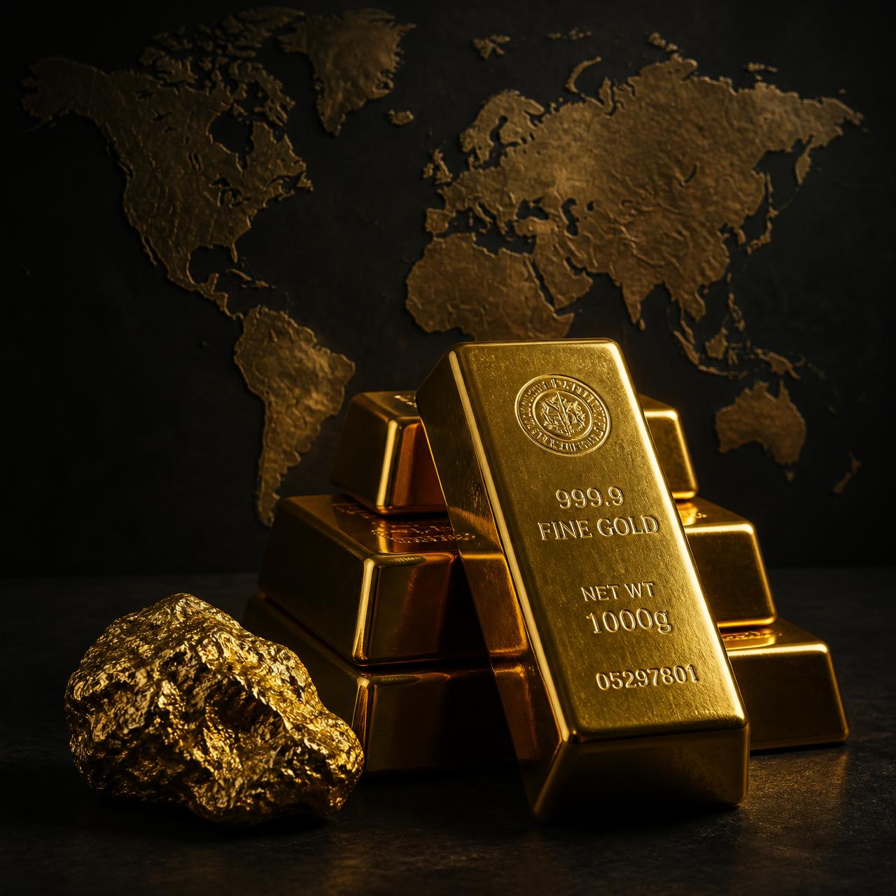 Gold bullion bars and a natural gold nugget lit against a dark world-map backdrop